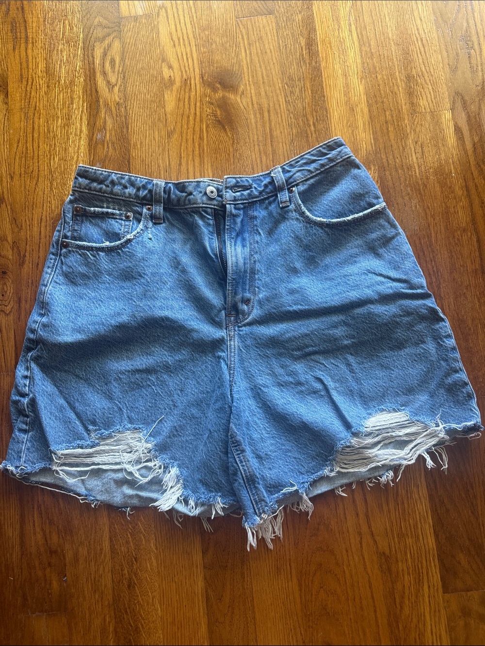 Abercrombie & Fitch Light Blue Distressed High-Waist Denim Shorts